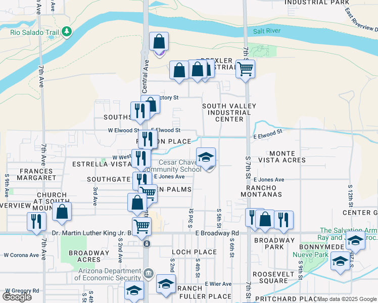 map of restaurants, bars, coffee shops, grocery stores, and more near 3626 South 3rd Place in Phoenix