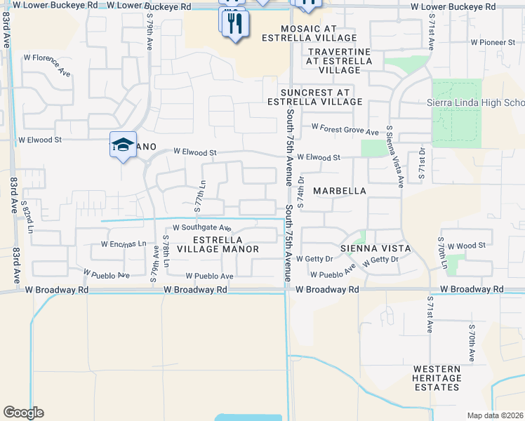 map of restaurants, bars, coffee shops, grocery stores, and more near 7518 West Jones Avenue in Phoenix