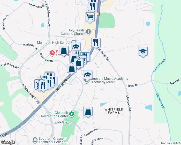 map of restaurants, bars, coffee shops, grocery stores, and more near 114 Forest View Drive in Peachtree City