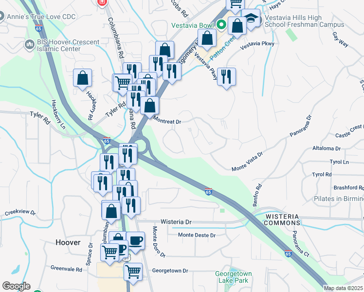 map of restaurants, bars, coffee shops, grocery stores, and more near 2079 Montreat Circle in Vestavia Hills