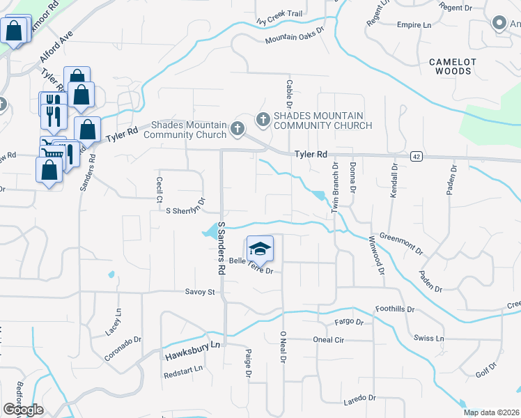 map of restaurants, bars, coffee shops, grocery stores, and more near 2309 Misty Ridge Circle in Birmingham