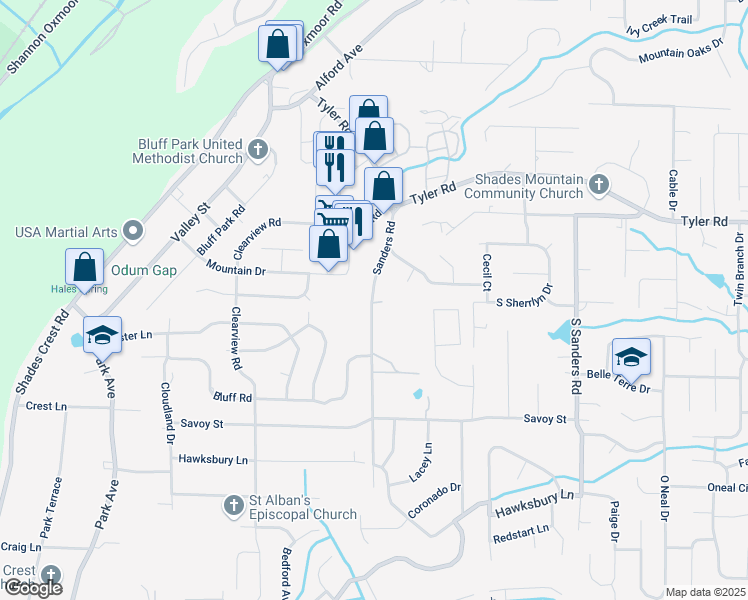 map of restaurants, bars, coffee shops, grocery stores, and more near 725 Sanders Road in Birmingham