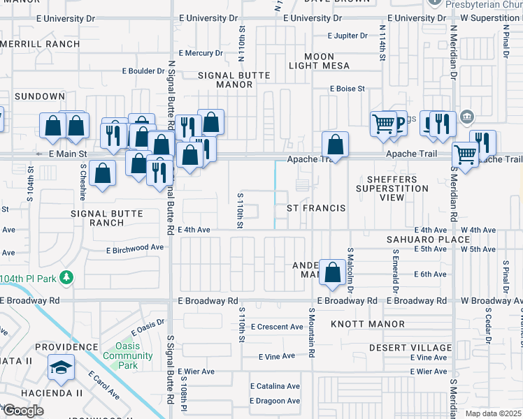 map of restaurants, bars, coffee shops, grocery stores, and more near 125 South 110th Place in Mesa