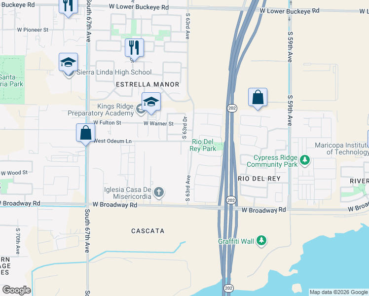 map of restaurants, bars, coffee shops, grocery stores, and more near 3904 South 63rd Avenue in Phoenix