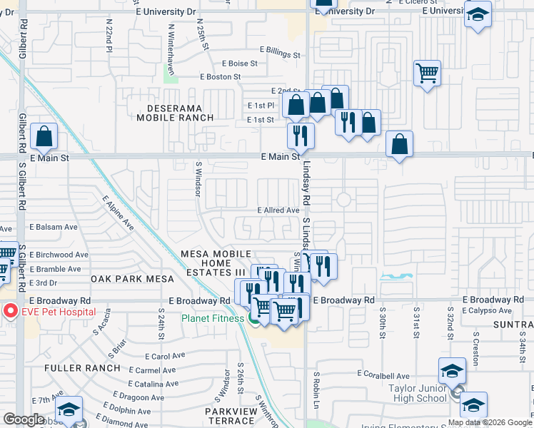 map of restaurants, bars, coffee shops, grocery stores, and more near 2701 East Allred Avenue in Mesa