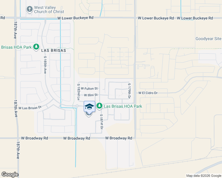 map of restaurants, bars, coffee shops, grocery stores, and more near 3683 South 180th Lane in Goodyear