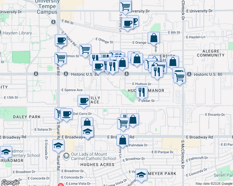 map of restaurants, bars, coffee shops, grocery stores, and more near 1249 East Spence Avenue in Tempe