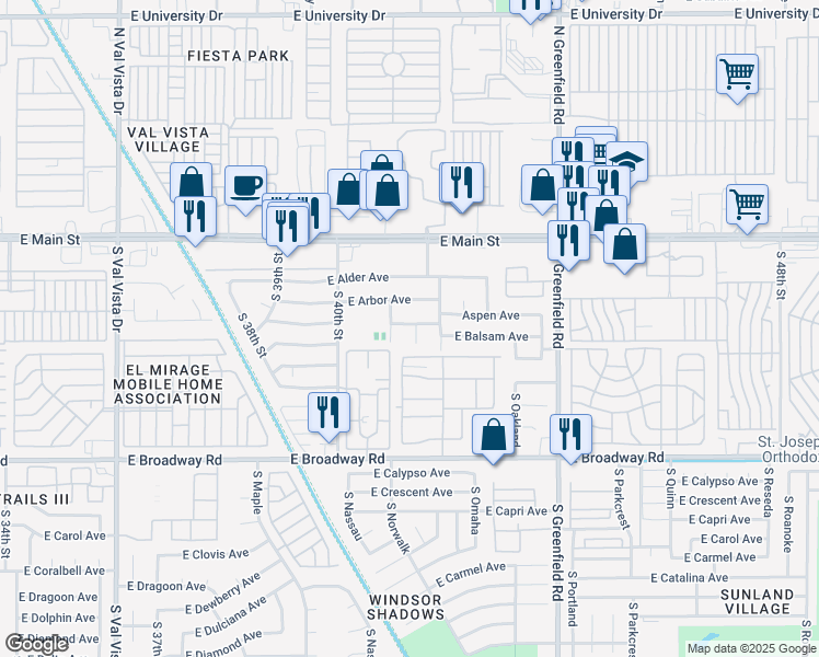 map of restaurants, bars, coffee shops, grocery stores, and more near 144 South Norfolk Circle in Mesa