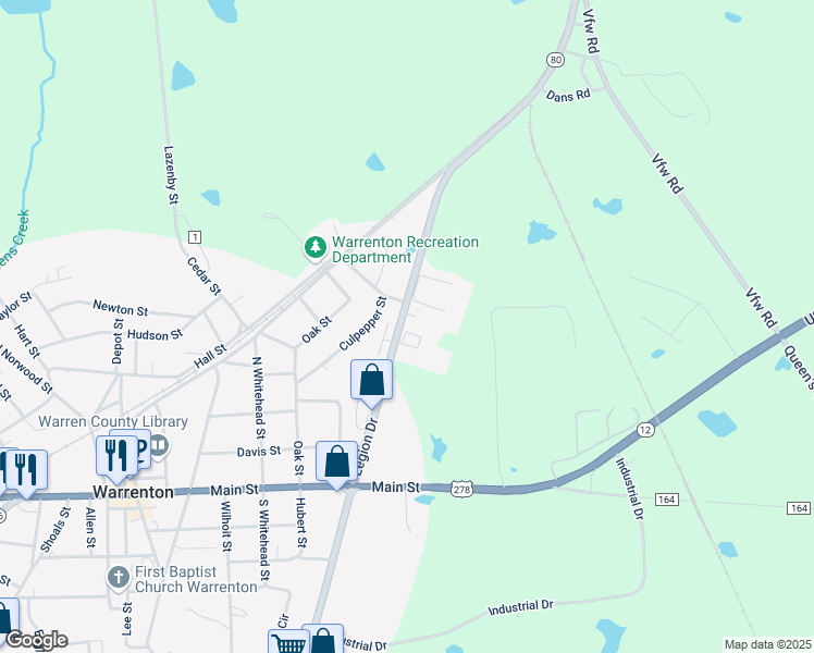 map of restaurants, bars, coffee shops, grocery stores, and more near 102 Amber Run Court in Warrenton