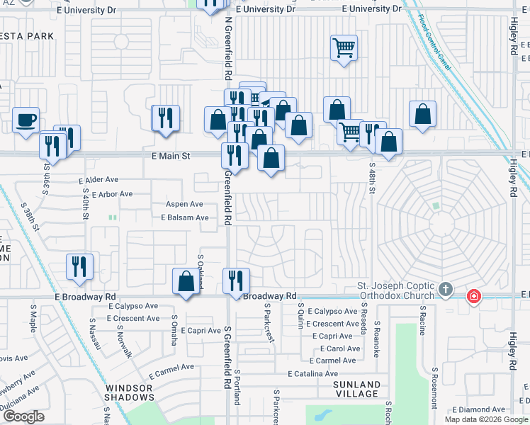 map of restaurants, bars, coffee shops, grocery stores, and more near Ironwood in Mesa
