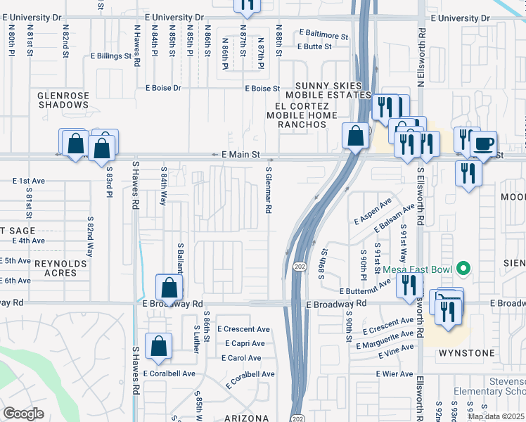 map of restaurants, bars, coffee shops, grocery stores, and more near 130 South Glenmar Road in Mesa