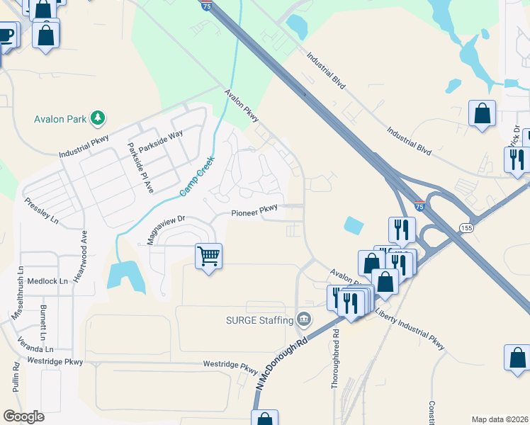 map of restaurants, bars, coffee shops, grocery stores, and more near 4032 Haworth Parkway in McDonough