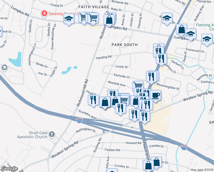 map of restaurants, bars, coffee shops, grocery stores, and more near 2147 Alfred Lane in Augusta