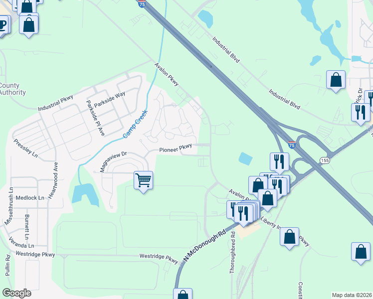 map of restaurants, bars, coffee shops, grocery stores, and more near 5023 Pioneer Parkway in McDonough