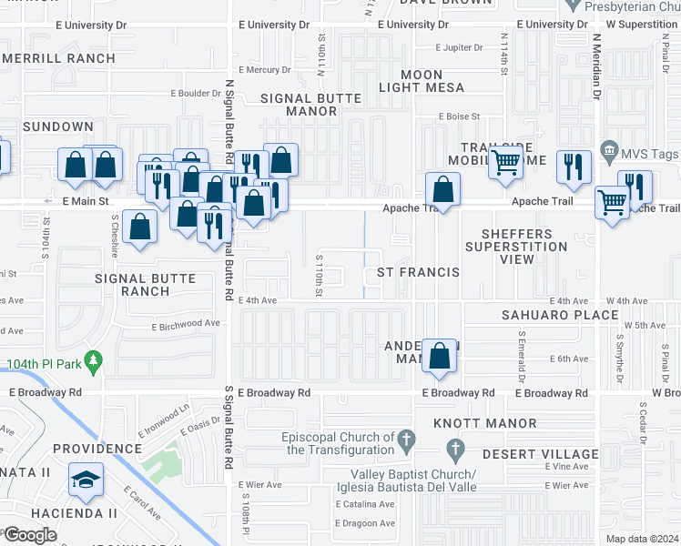 map of restaurants, bars, coffee shops, grocery stores, and more near 11031 East Arbor Avenue in Mesa