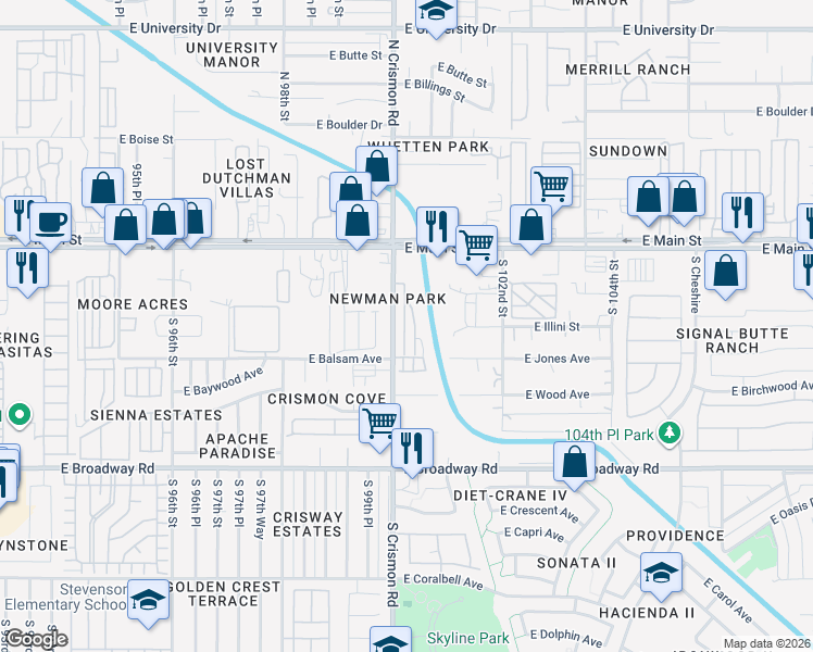 map of restaurants, bars, coffee shops, grocery stores, and more near 139 South Crismon Road in Mesa