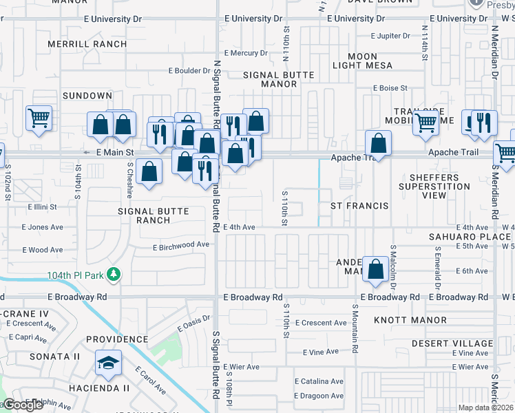 map of restaurants, bars, coffee shops, grocery stores, and more near 10908 E Azalea Ave in Mesa