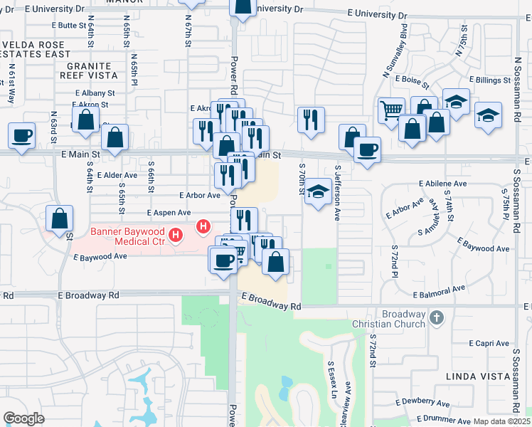 map of restaurants, bars, coffee shops, grocery stores, and more near Hearthstone Villas in Mesa