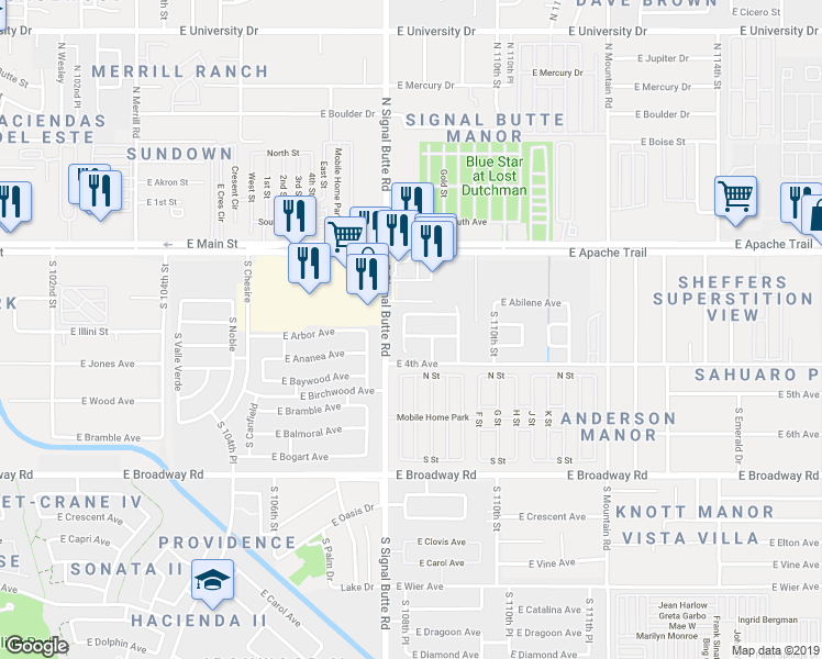 map of restaurants, bars, coffee shops, grocery stores, and more near 10830 East Azalea Avenue in Mesa