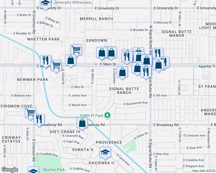 map of restaurants, bars, coffee shops, grocery stores, and more near 10505 East Arcadia Avenue in Mesa