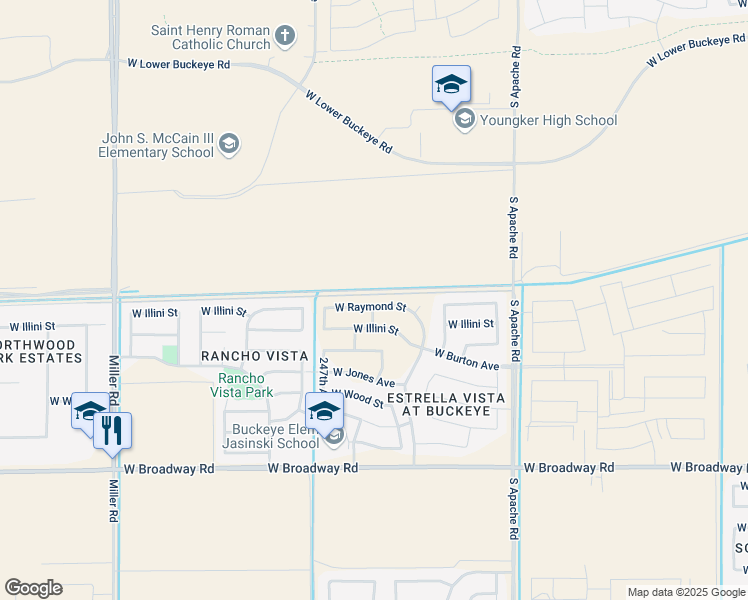 map of restaurants, bars, coffee shops, grocery stores, and more near 24572 West Illini Avenue in Buckeye