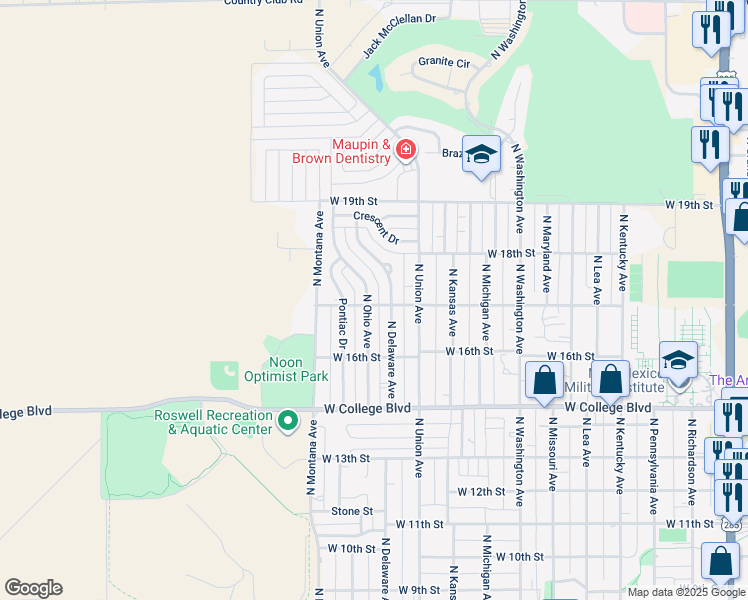 map of restaurants, bars, coffee shops, grocery stores, and more near 1701 North Ohio Avenue in Roswell