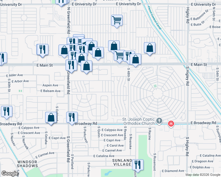 map of restaurants, bars, coffee shops, grocery stores, and more near Kelly Lane in Mesa