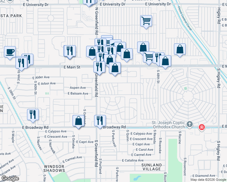 map of restaurants, bars, coffee shops, grocery stores, and more near Ironwood in Mesa