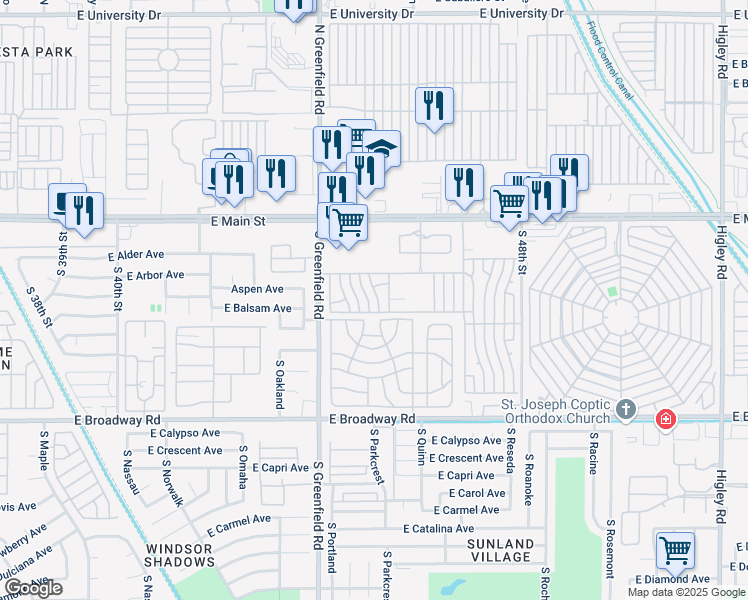 map of restaurants, bars, coffee shops, grocery stores, and more near Ironwood in Mesa
