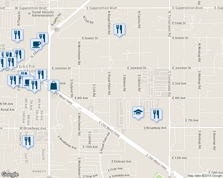 map of restaurants, bars, coffee shops, grocery stores, and more near 277 S Royal Palm Rd in Apache Junction