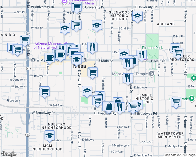 map of restaurants, bars, coffee shops, grocery stores, and more near 119 East 1st Avenue in Mesa