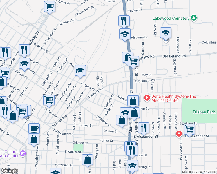 map of restaurants, bars, coffee shops, grocery stores, and more near 520 Palermo Street in Greenville