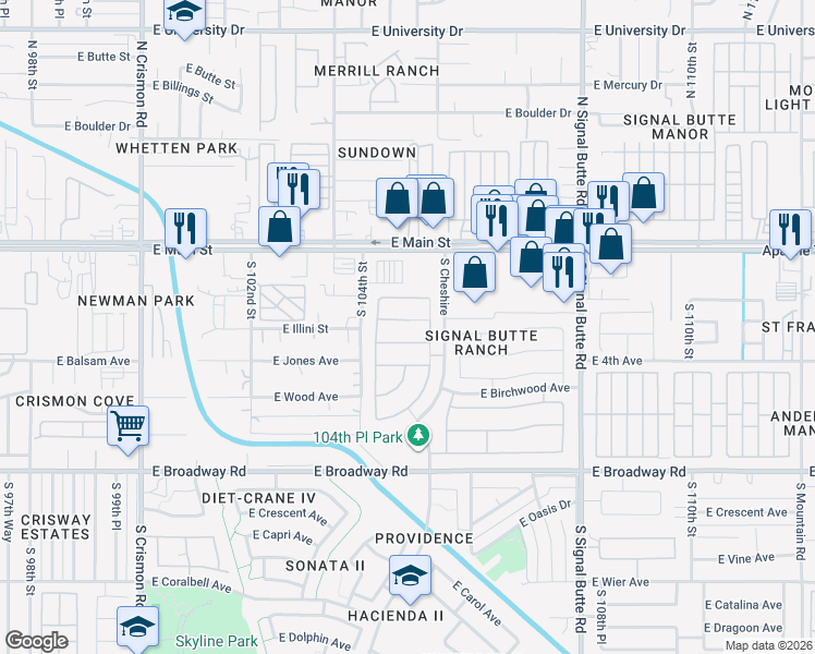 map of restaurants, bars, coffee shops, grocery stores, and more near 10459 East Arcadia Avenue in Mesa