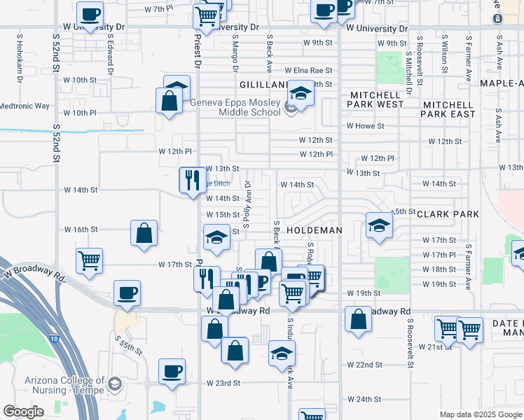 map of restaurants, bars, coffee shops, grocery stores, and more near 1212 West 15th Street in Tempe