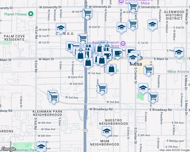 map of restaurants, bars, coffee shops, grocery stores, and more near 243 West 1st Avenue in Mesa