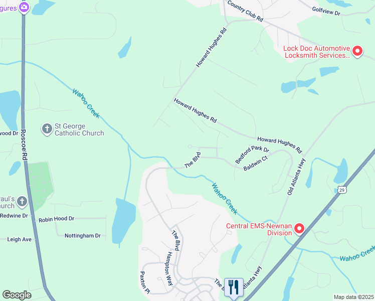 map of restaurants, bars, coffee shops, grocery stores, and more near 168 North Square Lane in Newnan