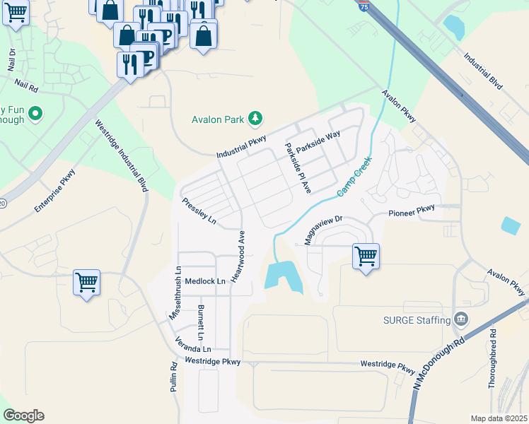 map of restaurants, bars, coffee shops, grocery stores, and more near 105 Paulownia Circle in McDonough
