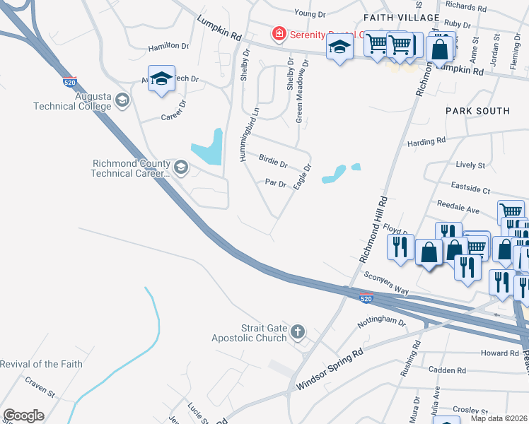 map of restaurants, bars, coffee shops, grocery stores, and more near 3041 Hummingbird Lane in Augusta
