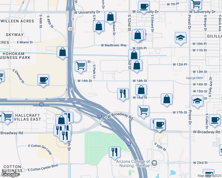 map of restaurants, bars, coffee shops, grocery stores, and more near 2100 West 15th Street in Tempe