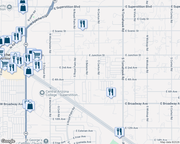 map of restaurants, bars, coffee shops, grocery stores, and more near 296 South Cactus Road in Apache Junction