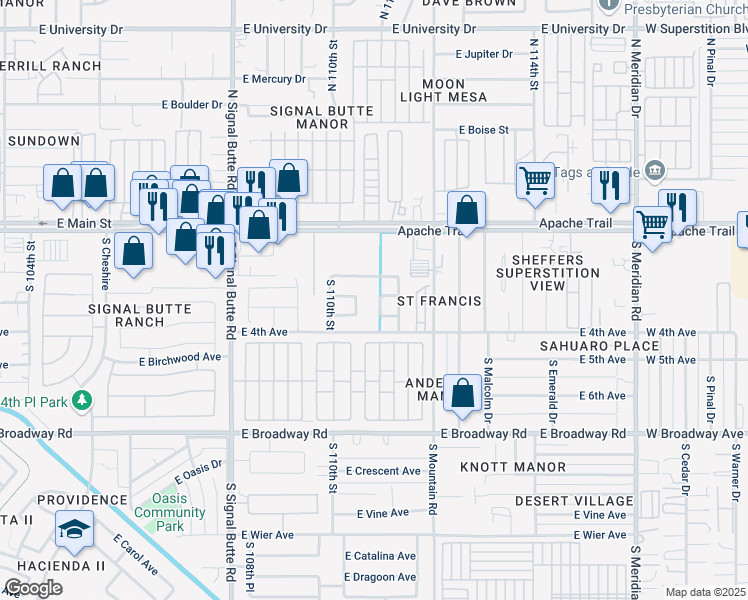 map of restaurants, bars, coffee shops, grocery stores, and more near 125 South 110th Place in Mesa