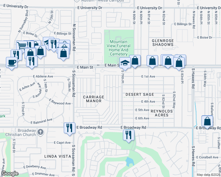 map of restaurants, bars, coffee shops, grocery stores, and more near 7750 East Broadway Road in Mesa