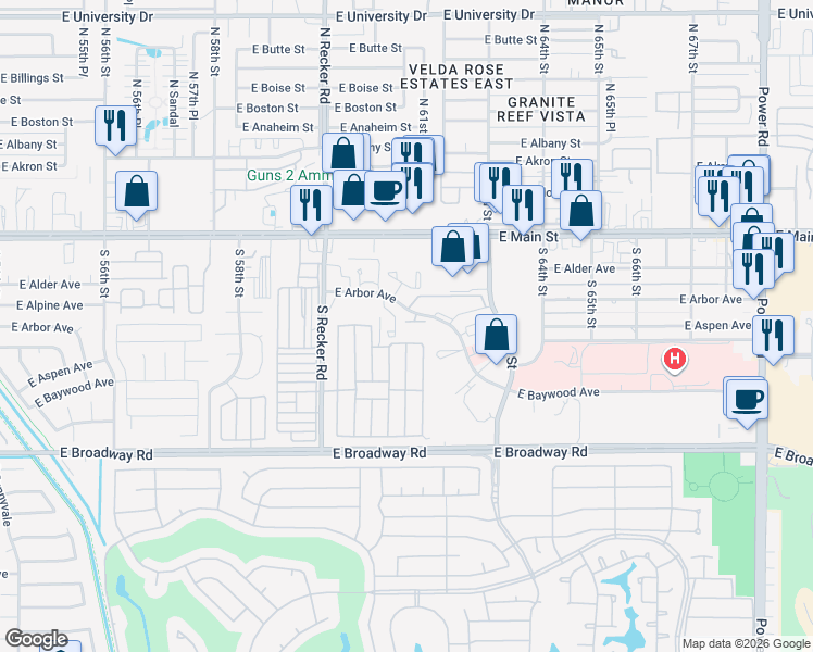 map of restaurants, bars, coffee shops, grocery stores, and more near in Mesa