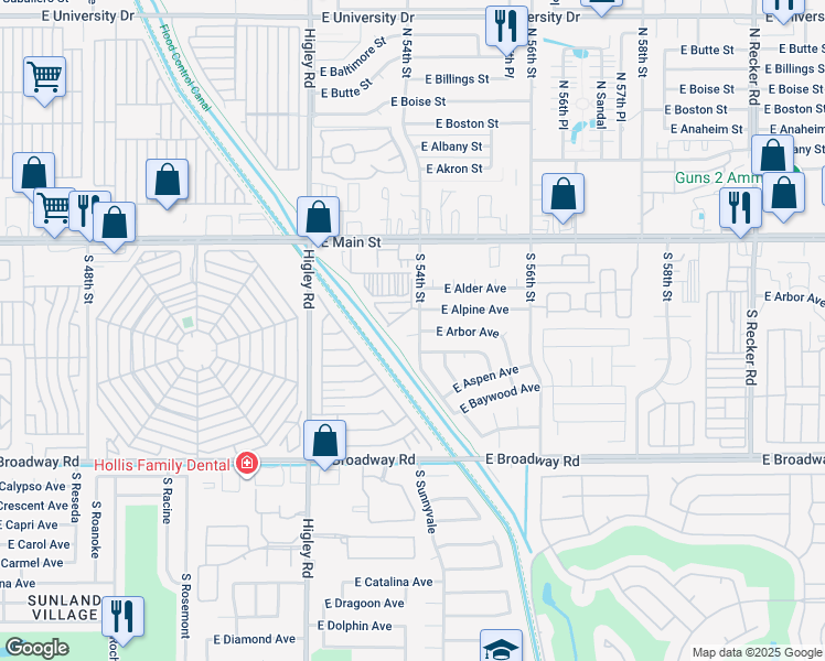 map of restaurants, bars, coffee shops, grocery stores, and more near 5346 East Arbor Circle in Mesa