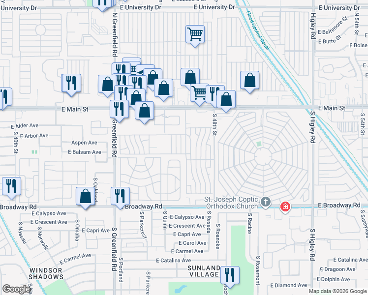map of restaurants, bars, coffee shops, grocery stores, and more near Kelly Lane in Mesa
