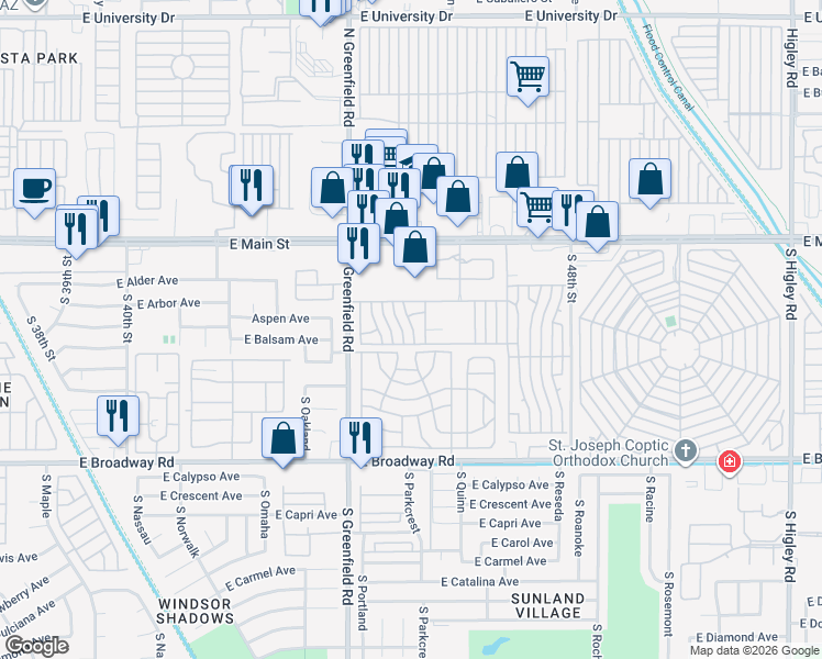 map of restaurants, bars, coffee shops, grocery stores, and more near Ironwood in Mesa