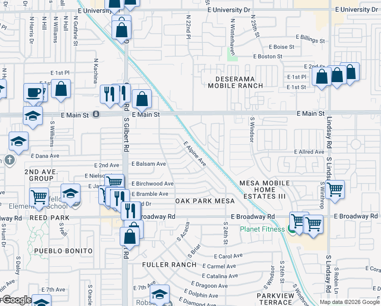 map of restaurants, bars, coffee shops, grocery stores, and more near 2250 East Balsam Circle in Mesa