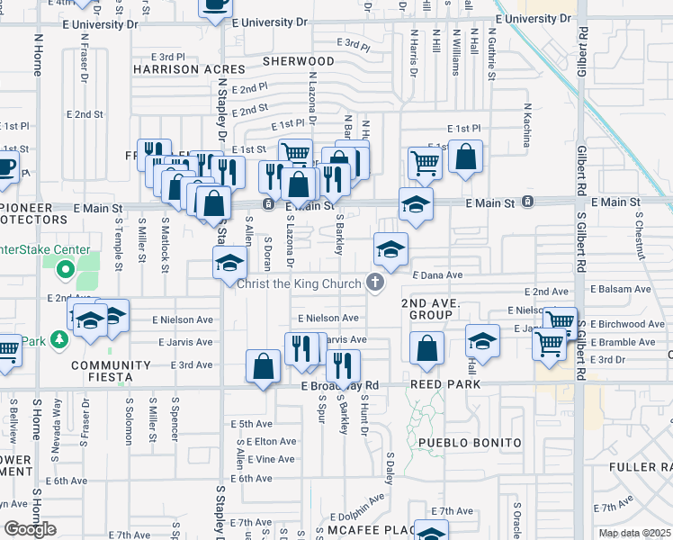 map of restaurants, bars, coffee shops, grocery stores, and more near 1452 East Dana Avenue in Mesa