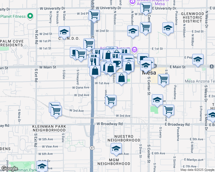 map of restaurants, bars, coffee shops, grocery stores, and more near 110 South Robson in Mesa