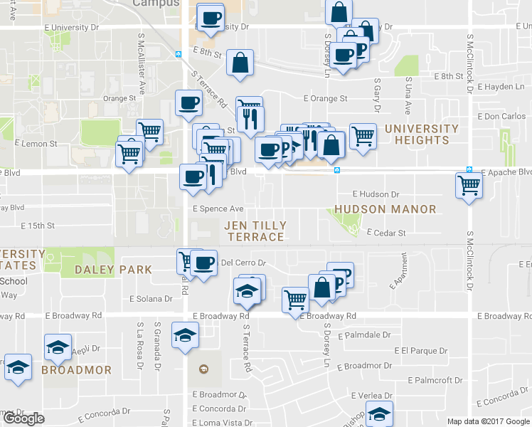 map of restaurants, bars, coffee shops, grocery stores, and more near 1415 South Terrace Road in Tempe